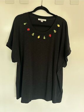 ROSE + OLIVE | BLACK SHORT SLEEVE T-SHIRT W/ FRUIT EMBROIDERY | SUPER SOFT | 2XL